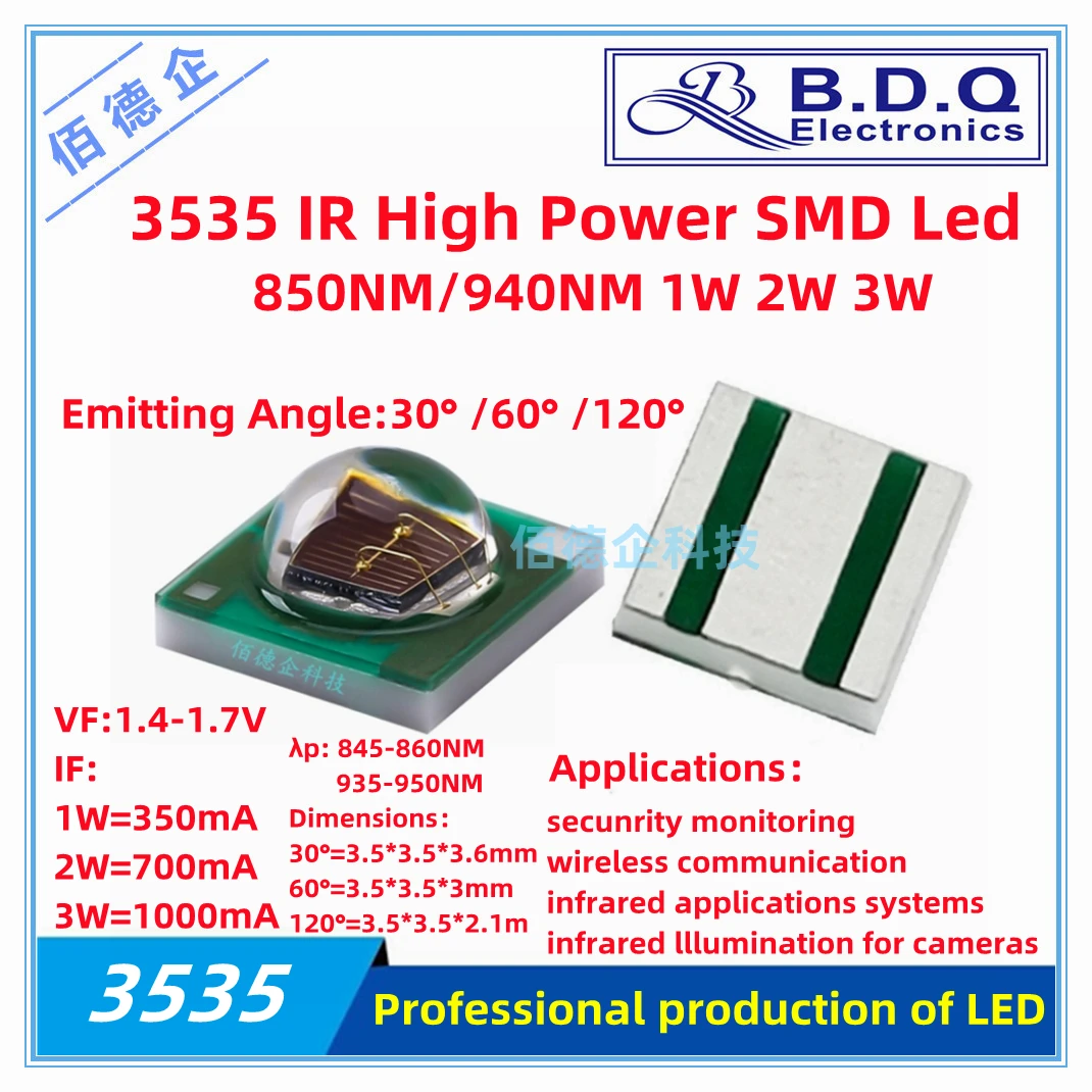 LED IR SMD de alta potencia, 3535, 1w, 2W, 3W, 30 °, 60 °, 120 °, infrarrojo, 850nm, 940nm, 10 unidades