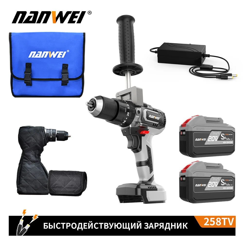 NANWEI 21V 13Mm Máy Khoan Không Dây Cấp Công Nghiệp Không Chổi Than Máy Khoan Tác Động 1/2 "Kim Loại Tự Động Khóa Chuck Băng mũi Khoan Câu Cá