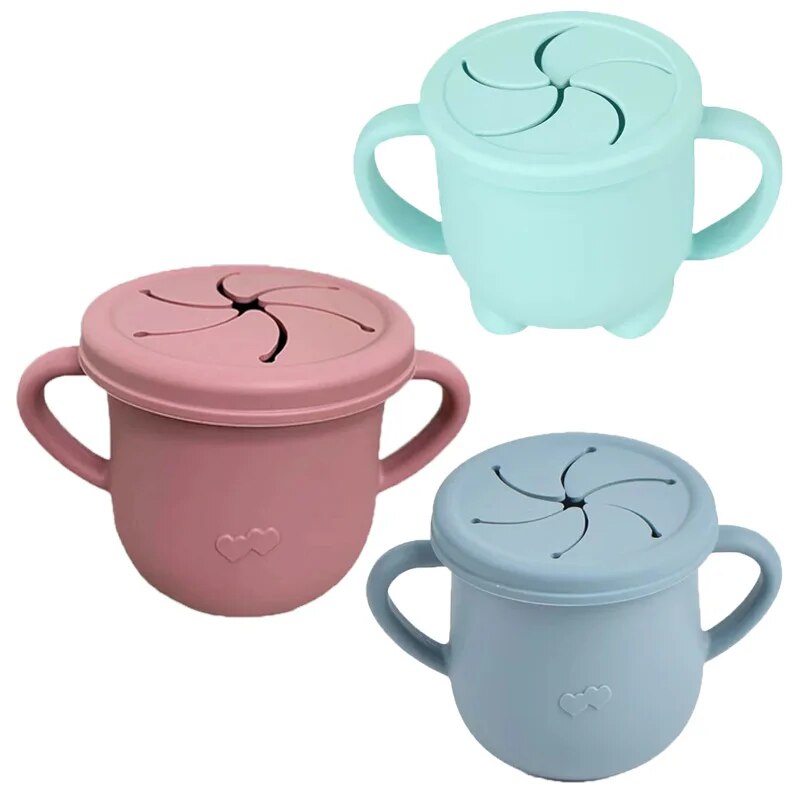 Taza de aperitivos de silicona para bebé, caja de comida de silicona de Color sólido, contenedor de aperitivos portátil para bebé con tapa de taza para bebé