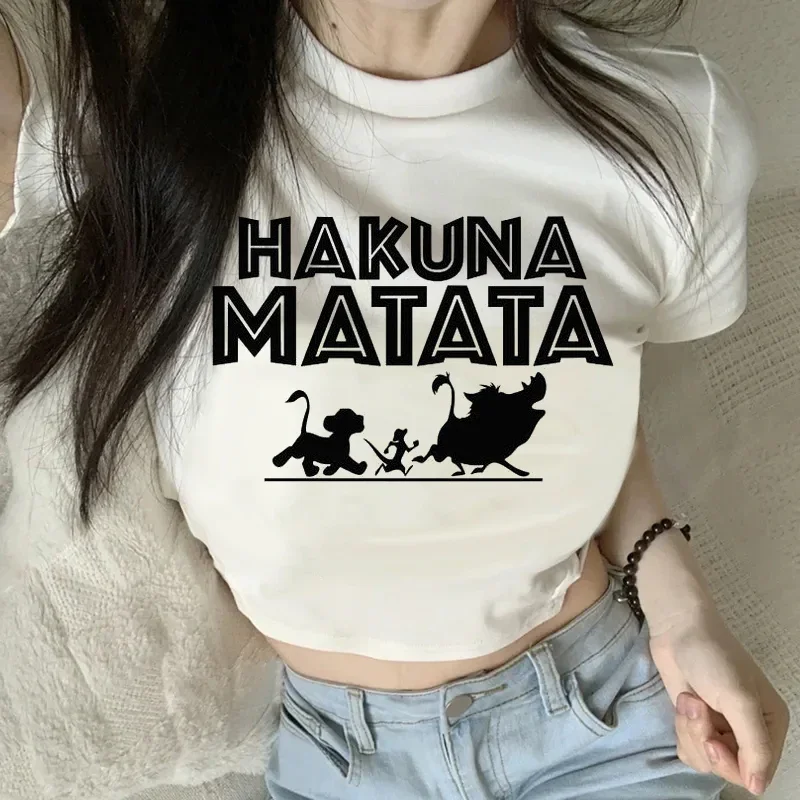 2000s manis Kawaii Hakuna Matata Tshirt Disney The Lion King kaus Crop Wanita Atasan pendek rompi baju atasan