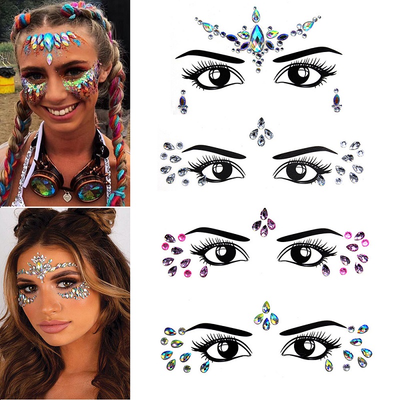 3D Rhinestone Bright Face สติกเกอร์สําหรับเทศกาล Glitter แต่งหน้าเครื่องประดับสติกเกอร์บนใบหน้าคริสตัลอัญมณีอัญมณีเพชรตกแต่ง
