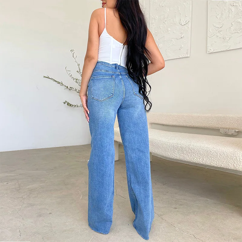 Mandylandy Damen-Jeans, lang, hohe Taille, zerrissen, ausgefranst, bequem, weites Bein, Denim-Hose, gewaschenes Loch, Streetwear-Denim-Hose