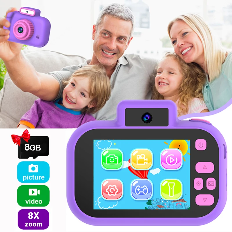 Câmera Digital Dupla para Crianças, HD 1080P, 8X Zoom Digital, Flash Light, Built-In Game Video Toys, Mini Display Colorido, Presente de Aniversário