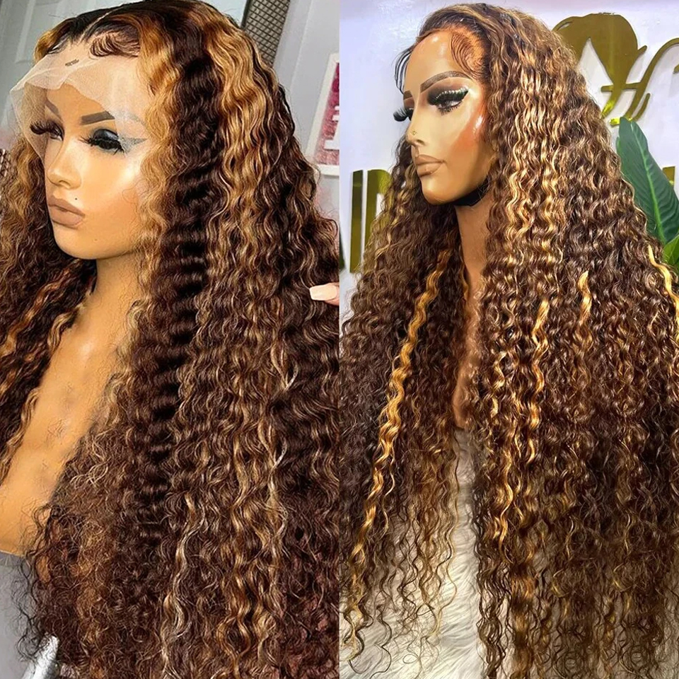 Highlight Ombre 13x4 Lace Front Wig Curly Human Hair Wigs #4/27 Honey Blonde Colored Water Deep Wave Frontal Wigs For Women