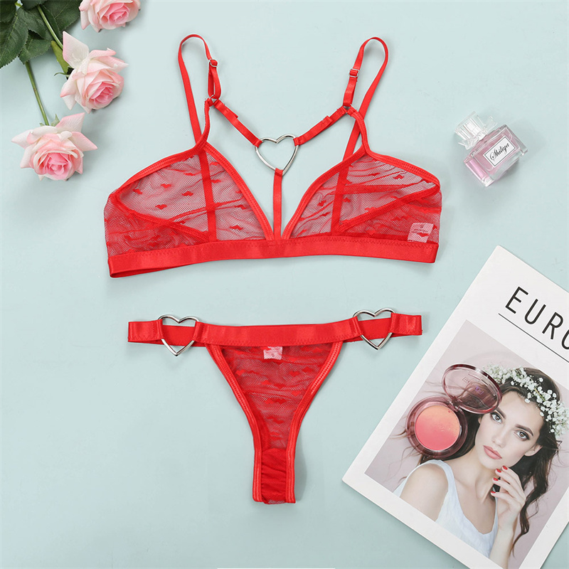 Conjunto de sujetador Sexy, conjunto de lencería con estampado de corazón, lencería erótica unida con anillo, 2 uds., ropa interior de mujer, conjunto de Bralette transparente íntimo de malla