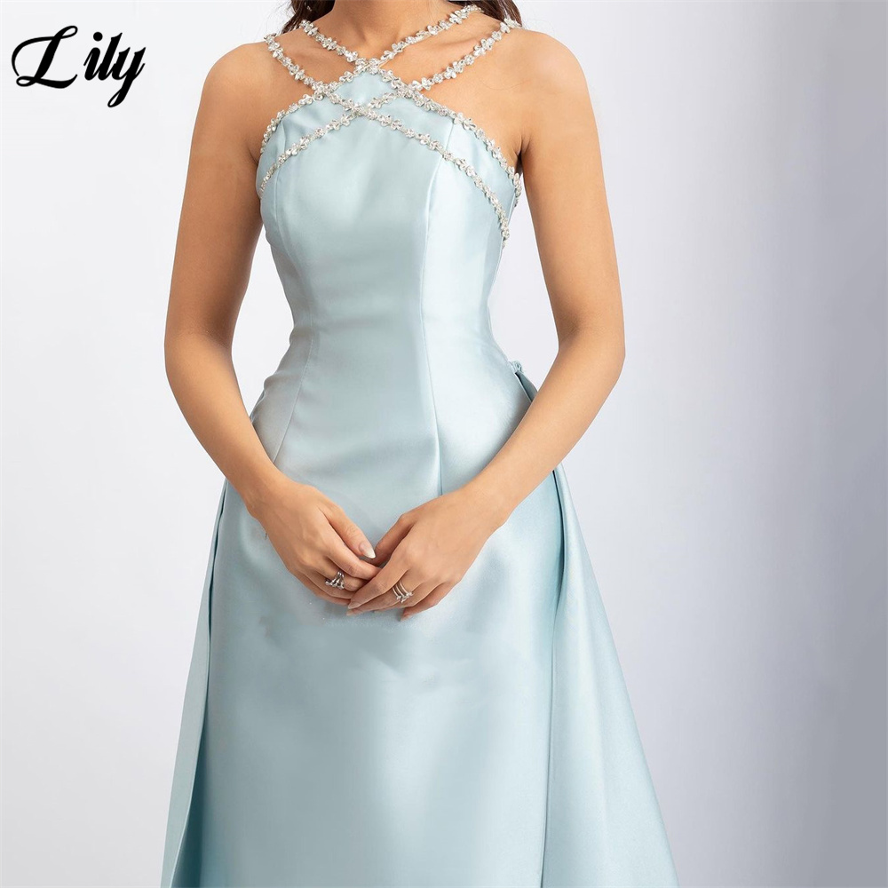 Lily Light Blue Prom Dress Shiny Beading Halter Party Dresses Stain  Sleeveless Celebrity Gowns with Detachable Tail Customized