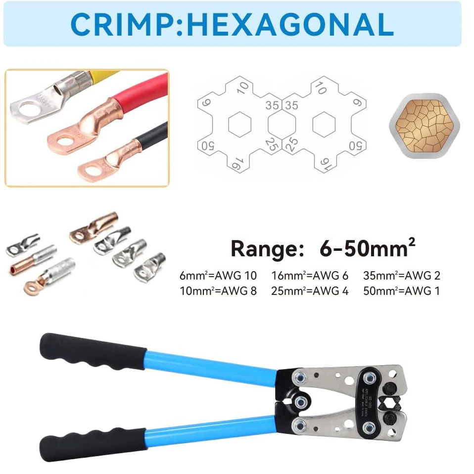 Battery Cable Lug Crimping Tool 10-1 AWG with Cutter, 60Pcs Copper Ring Terminals Heavy Duty Wire Crimper Set for Battery Cables