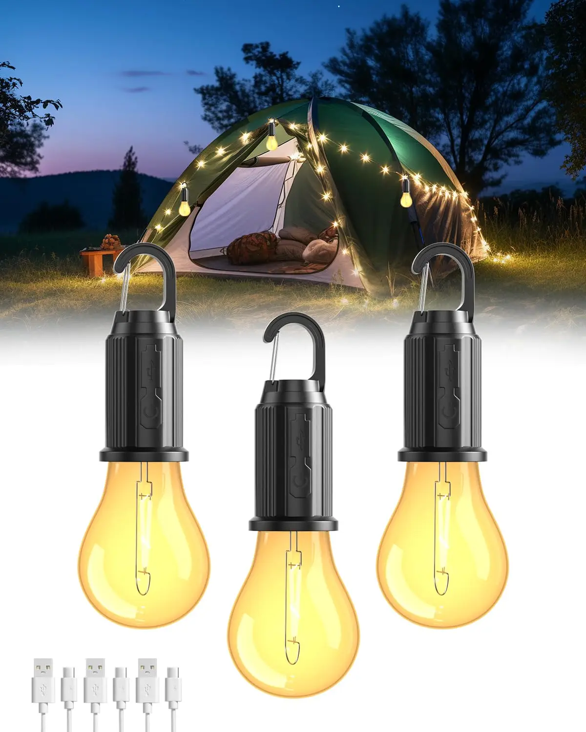 Luce da campeggio a LED ricaricabile Type-C 400mAh 100LM Lanterna da tenda impermeabile con gancio 3 modalità per escursionismo Pesca Emergenza all'aperto