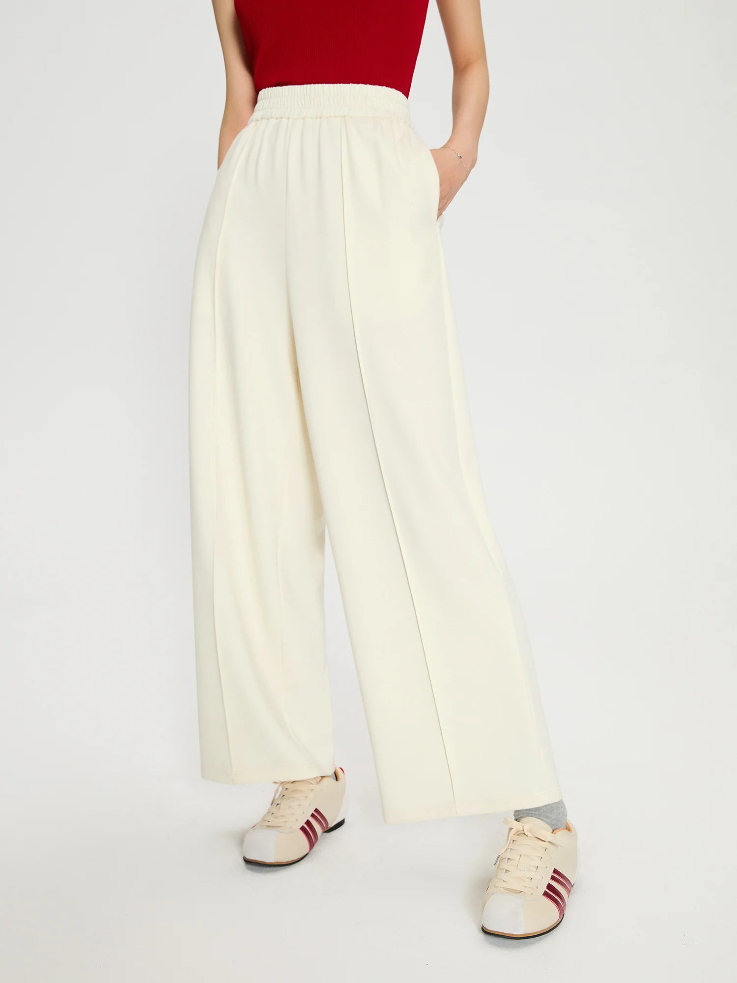 DUSHU ผู้หญิงสีแดงกางเกงสบายๆกีฬาสไตล์หญิงฤดูใบไม้ร่วงหนายาวกางเกง Beige Elastic เอวตรงกางเกงผู้หญิง 24DS83048