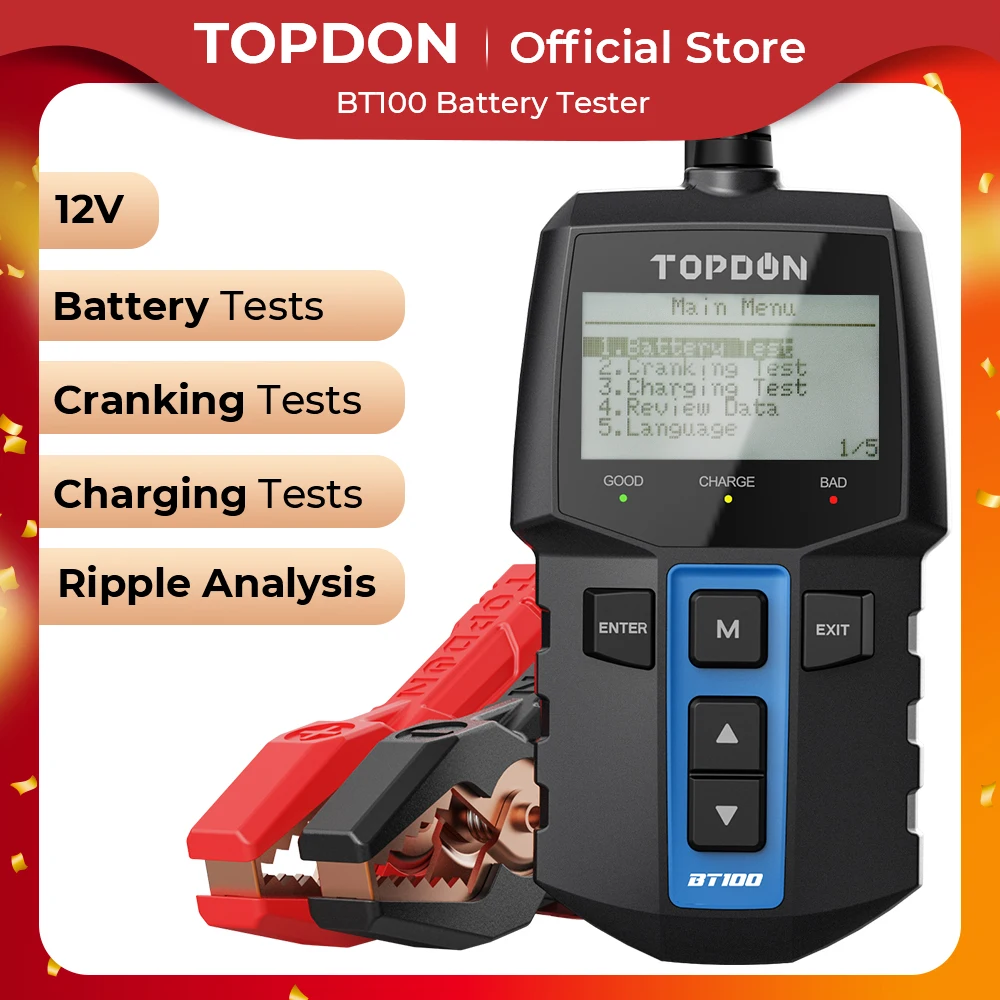 TOPDON BT100 12V probador de batería de coche Digital probador de batería de diagnóstico automotriz analizador herramienta de escáner de carga de arranque de vehículo