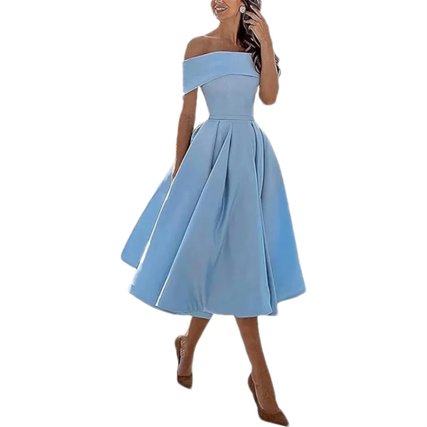 Maßgeschneidertes, schlichtes, trägerloses, kurzes Ballkleid aus Satin mit Taschen, schulterfreies, schulterfreies, knielanges Cocktailkleid in A-Linie
