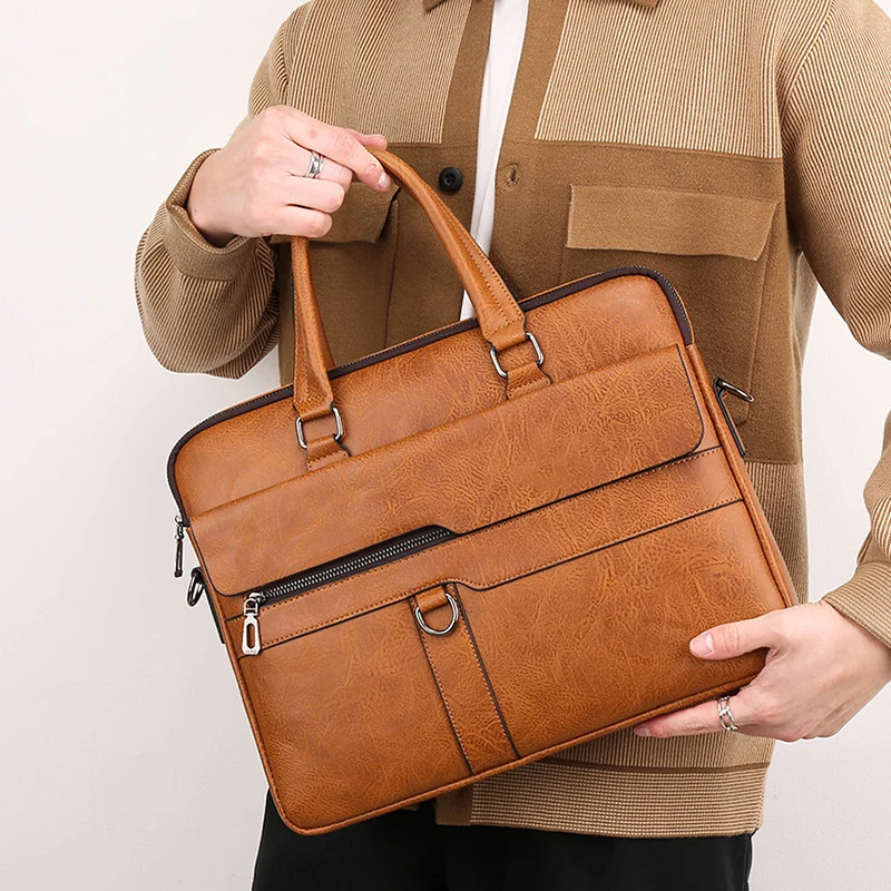 PU Leather Briefcase Men Handbag Totes Laptop Computer Document Shoulder Business Office Vintage Messenger Side Designer Bag