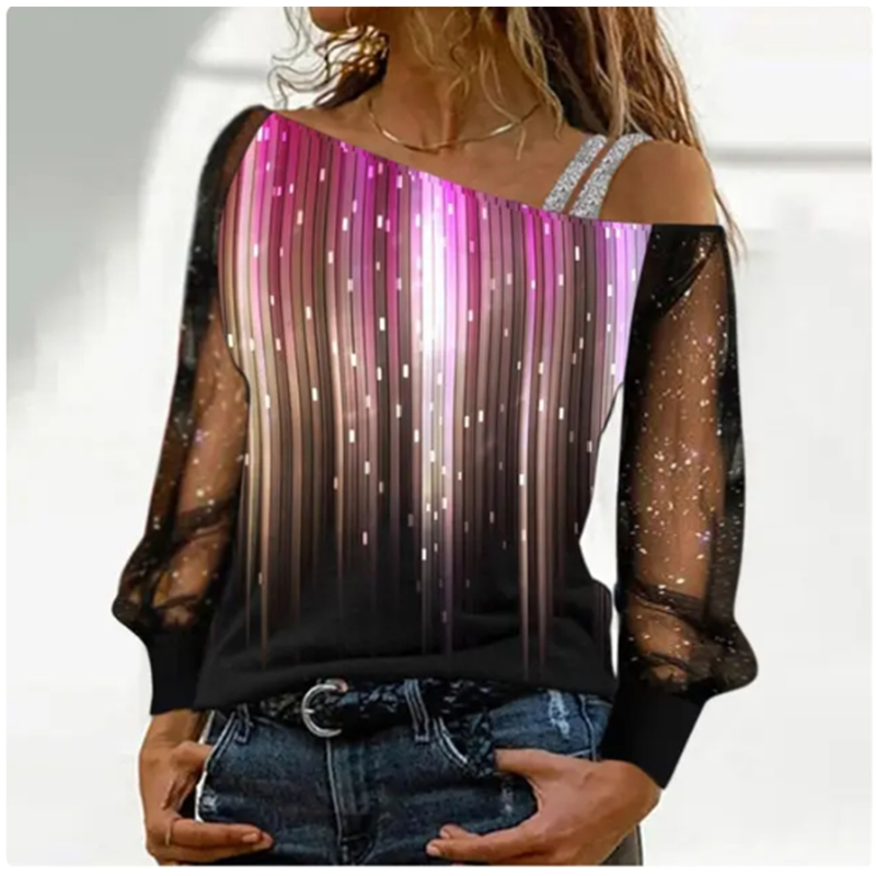 シルバーショルダーストラップ透明袖スパンコールブラウス女性のセクシーな Tシャツクリスマスツリープリント長袖トップ