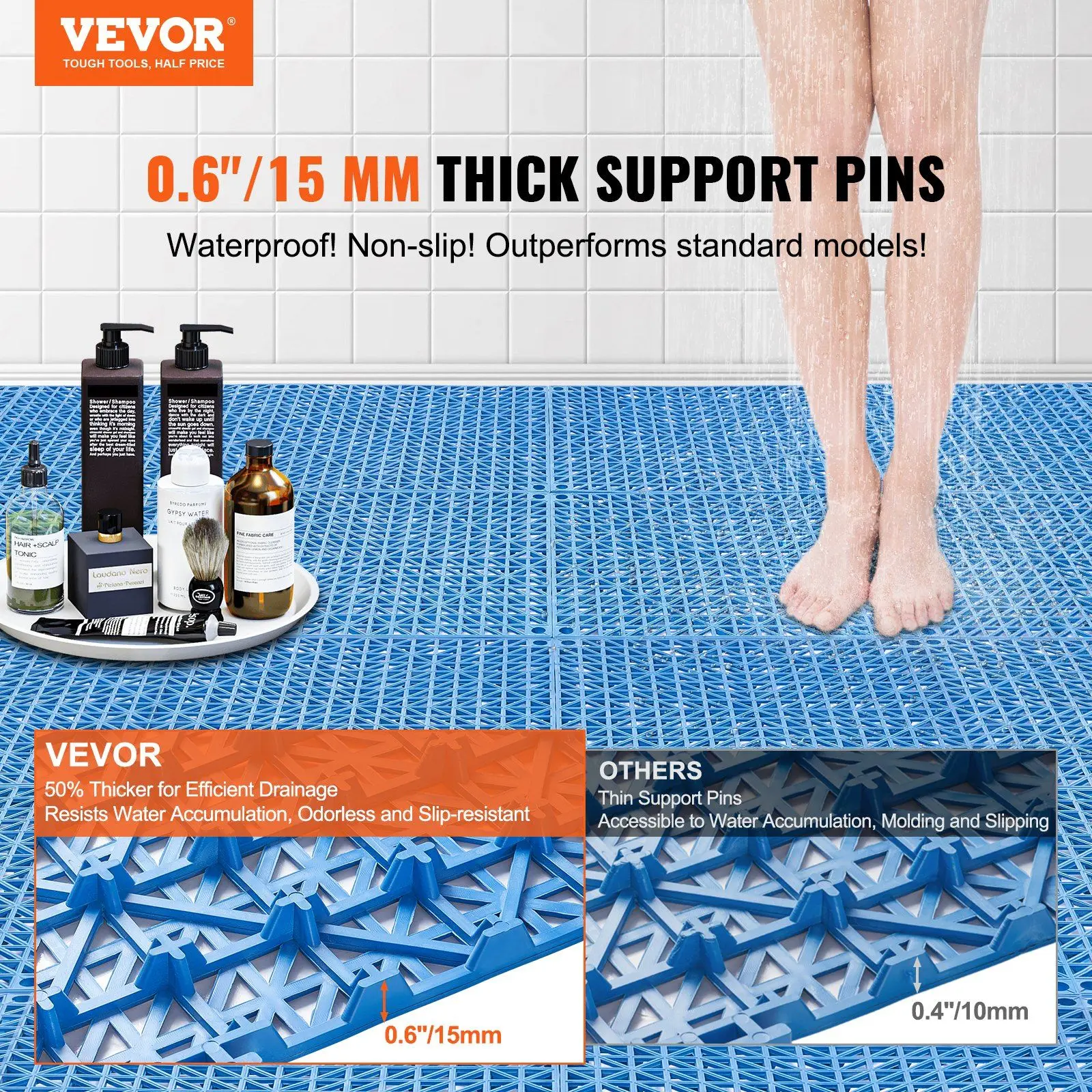 Interlocking Tile 50PCS Blue, Drainage Tiles 12" x 12" Splicing, Soft PVC Interlocking Drainage Floor Tiles, Non-Slip Drainage H