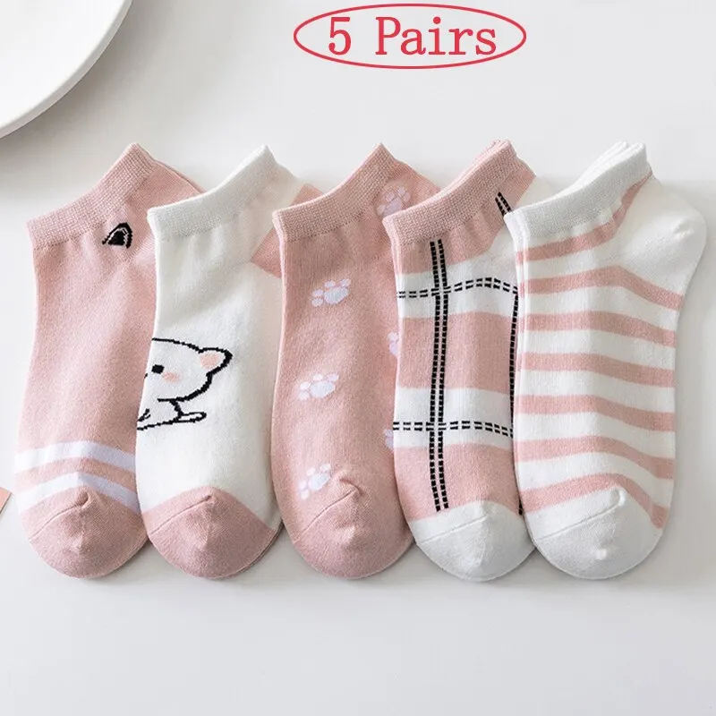 5 pares de calcetines cortos casuales para mujer con diseño de gato lindo