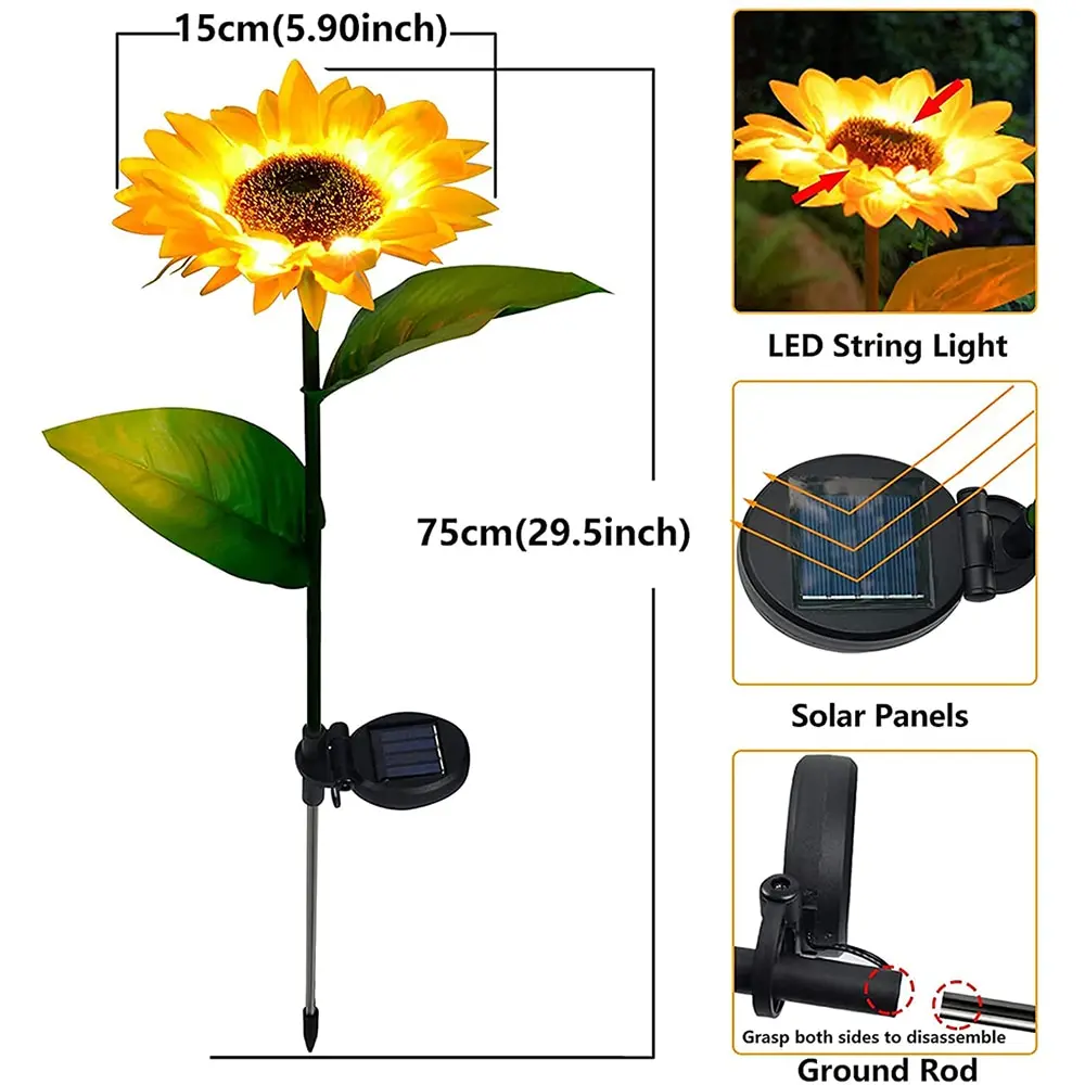 โคมไฟดอกทานตะวันพลังงานแสงอาทิตย์ LED กลางแจ้ง IP65สนามหญ้ากันน้ำทางเดินในวันหยุดงานแต่งงานสวนตกแต่งสวนโคมไฟดอกไม้พลังงานแสงอาทิตย์
