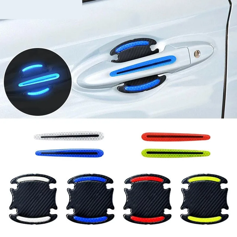 8 pegatinas 3D de fibra de carbono para manija de puerta de coche, pegatinas resistentes a los arañazos, tira reflectante de seguridad para coche, pegatinas para coche