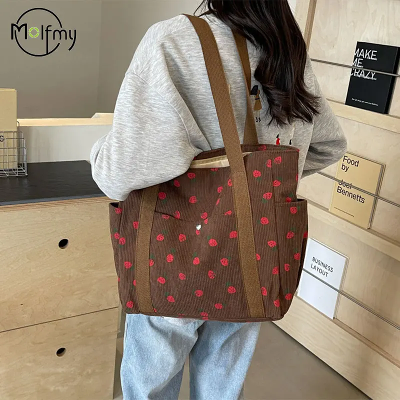 Aardbeien Corduroy Handtas Zoete Damestas Modieuze Veelzijdige Schoudertas Mooie Eenvoudige Commuter Dames Tote Bags