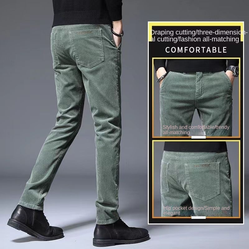 Pana Otoño Invierno 2022 pantalones elásticos informales ajustados rectos de terciopelo grueso para hombres pantalones de moda juvenil verde militar