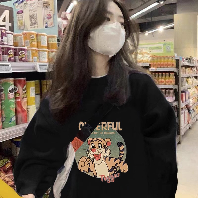 Cec Large Size American Cartoon Sweatshirt Thin Lazy Sle Black Jacket Women's Fashionable Autumn Top round Neck Long Sleeve