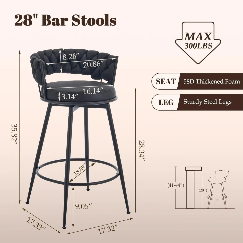 360° Swivel Bar Stools Set of 3, 28 inch Counter Height Bar Stools Modern Barstools with Woven Back and Suede Fabric, Metal