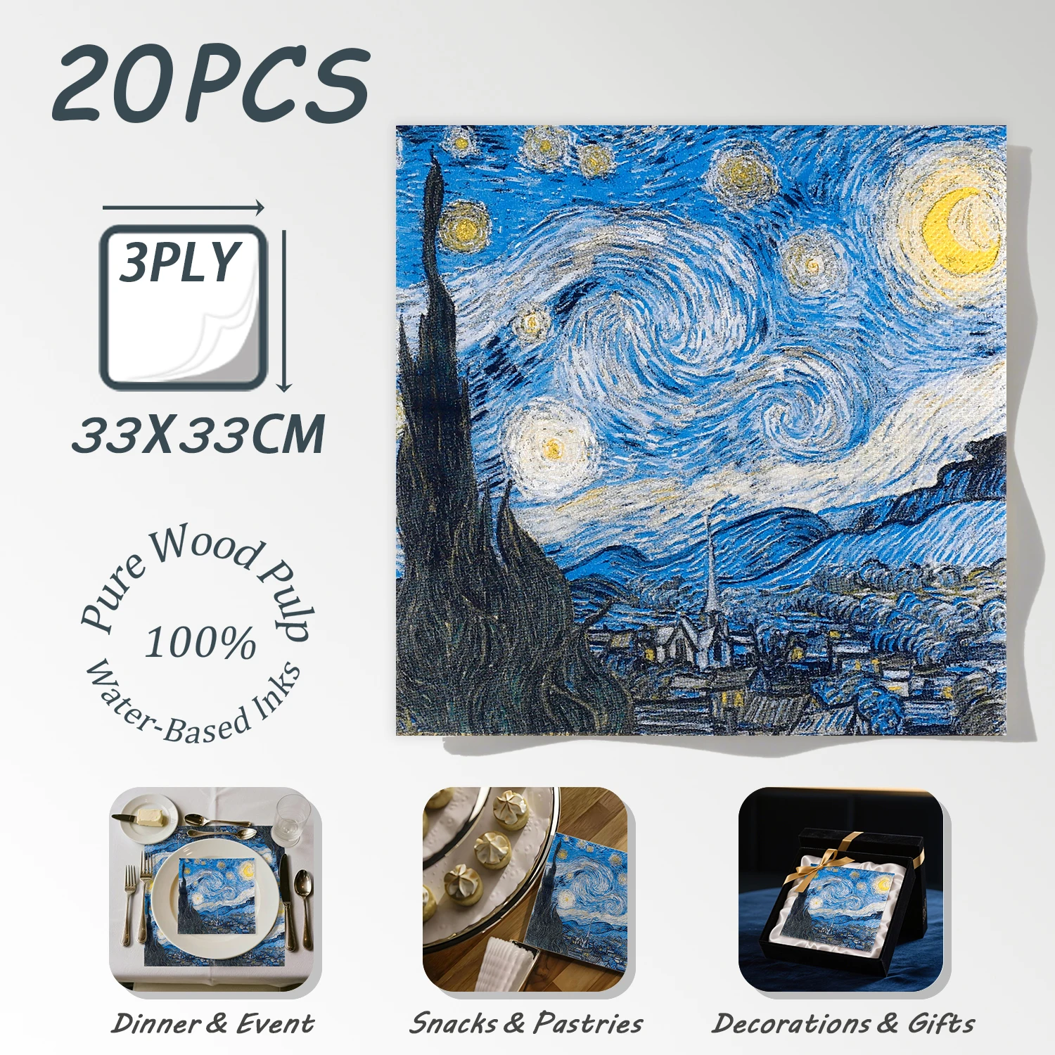 Servilletas de papel para cóctel, decoraciones de noche estrellada de Van Gogh, pulpa de madera pura, 33-33cm, servilletas desechables para fiesta de exposición de arte, 20 piezas
