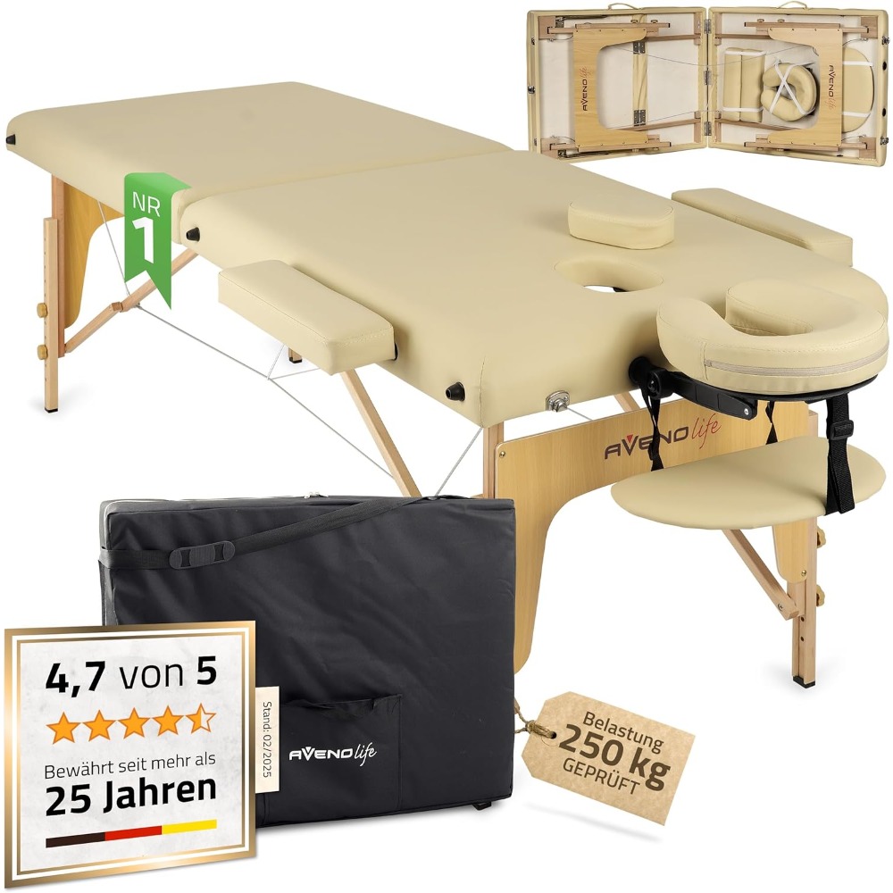 Klappbarer tragbarer Massagetisch aus Holz, bis zu 250 kg, mit Armlehnen, Kopfstütze, Tragetasche, Beige, 185 x 60 x 85 cm