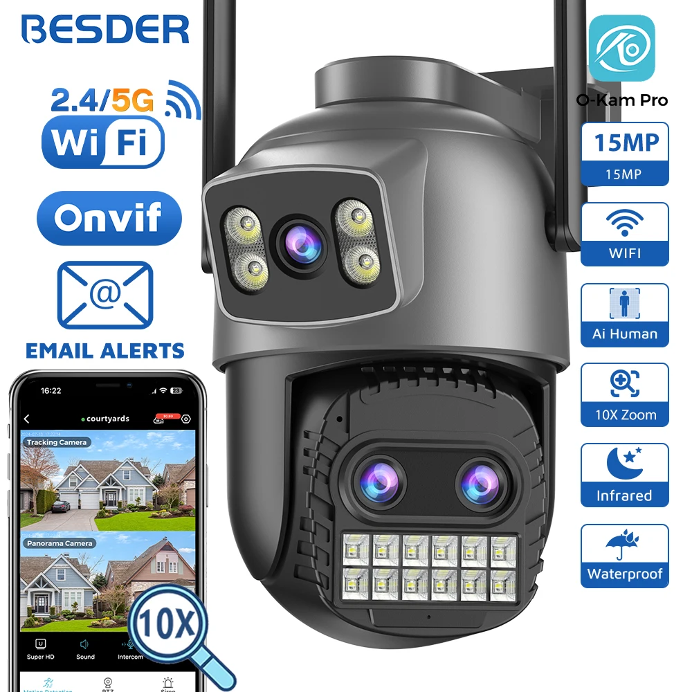 BESDER-cámara Wifi de 15MP para exteriores, pantalla Dual, Zoom Digital 10X, cámara de videovigilancia CCTV PTZ, cámara IP de seguridad de 8MP, o-kam Pro