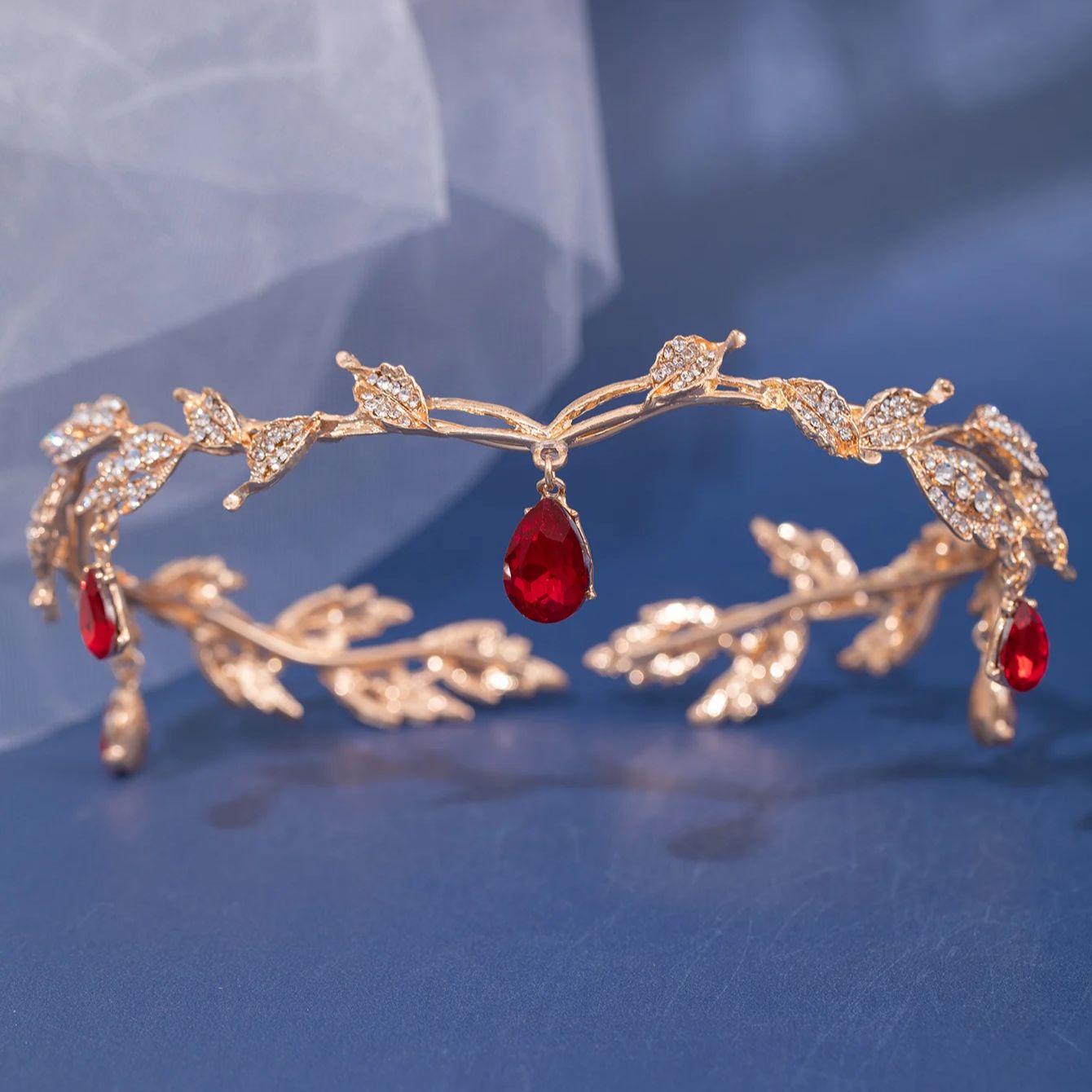 Nieuwe Vintage Kroon Bladeren Waterdrop Hanger Tiara Bruiloft Haarband Strass Party Prinses Elf Kapsel Sieraden