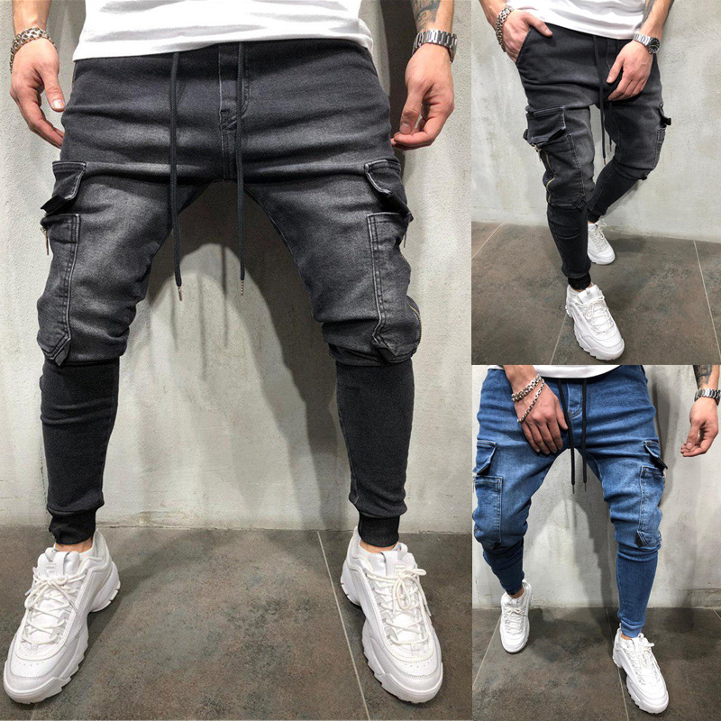 Jeans Männer Hosen waschen einfarbige Multi Taschen Denim Mid Taille Cargo Jeans plus Größe Mode Freizeit hose Männer tägliche Kleidung