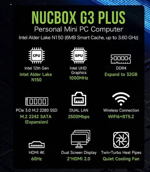 GMKtec G3 PLUS Intel Twin Lake N150 MINI PC Windows 11 Pro DDR4 RAM NVMe SSD WIFI6 BT5.2 Desktop office Mini PC Gamer Computer
