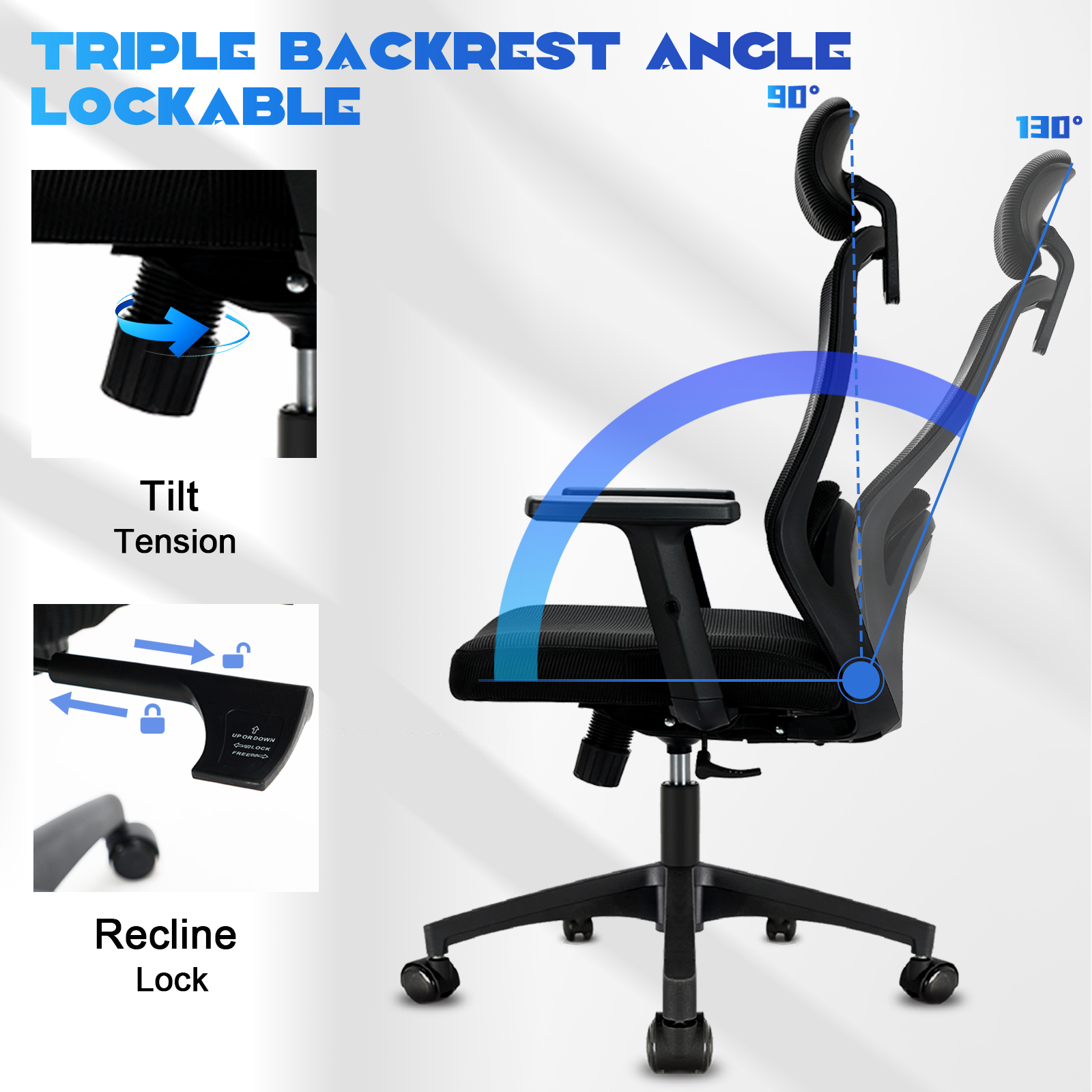 Milacyee Ergonomische computerbureaustoel, thuiskantoorstoel met hoge rugleuning, verstelbare hoofdsteun en lumbale kantoor heeft 90 ° -130 °   Recl