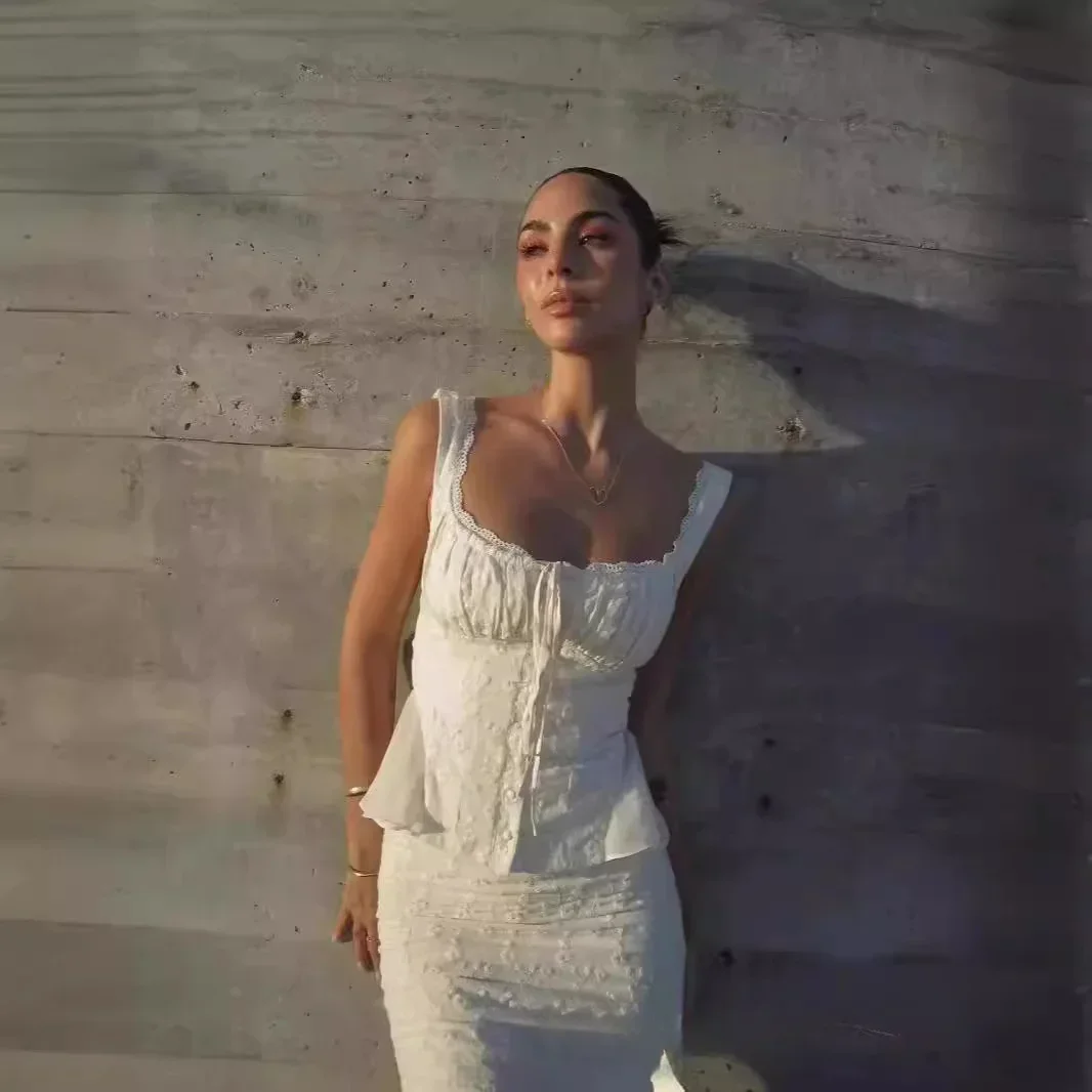 Minigmingxi 2024 夏新作 2 ピースドレスセットエレガントで美しいドレスセットベージュロングマッチングセットセクシーなマーメイドスカート