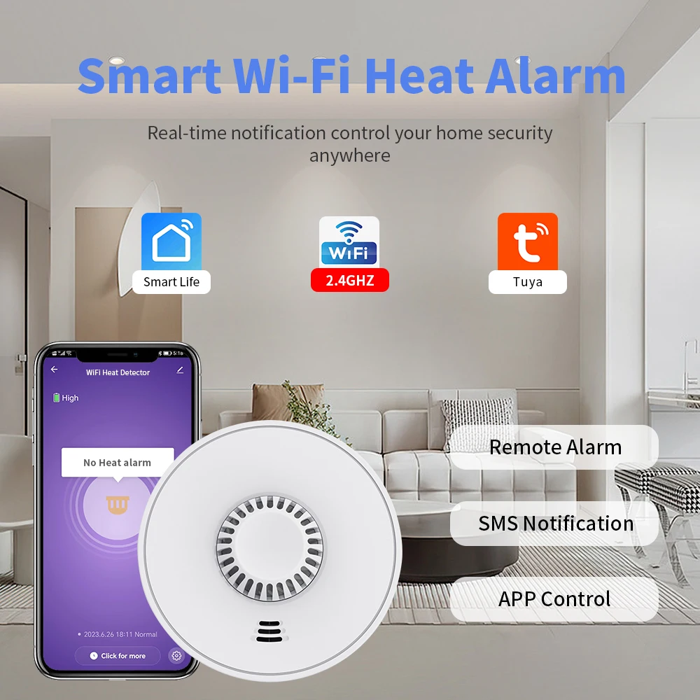 V-COME WiFi Heat Alarm with Sealed 10-Year Li-Battery, Wi-Fi Smart Heat Detector with Tuya App control, CE BS 5446-2, VH01W