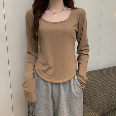 Dames temperament elegant dieptepunt dun gedeelte T-shirt met lange mouwen onregelmatig Slanke korte tops dieptepunt shirt