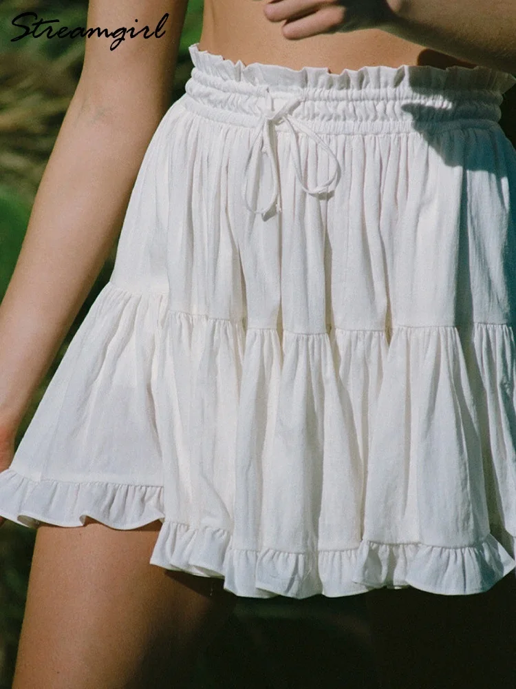 Women Mini Skirt Ruffle With Shorts Summer 2025 High Waist White Cake Skirt Splicing Short Beach Skirts For Women Vintage