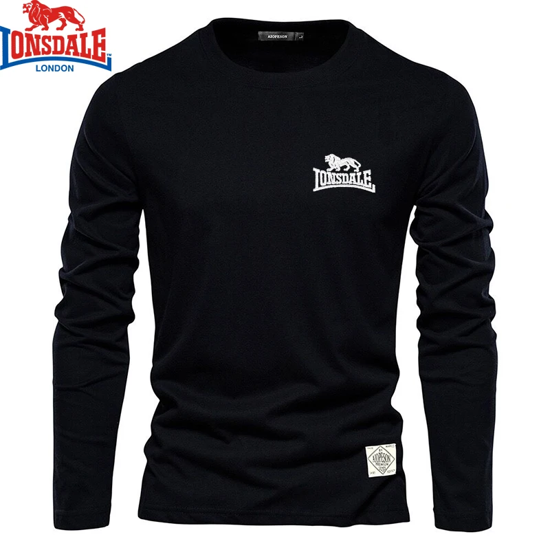 남성용 고품질 캐주얼 야외 스포츠를 위한 자수 LONSDALE 100% 순수 코튼 라운드 넥 긴팔 티셔츠