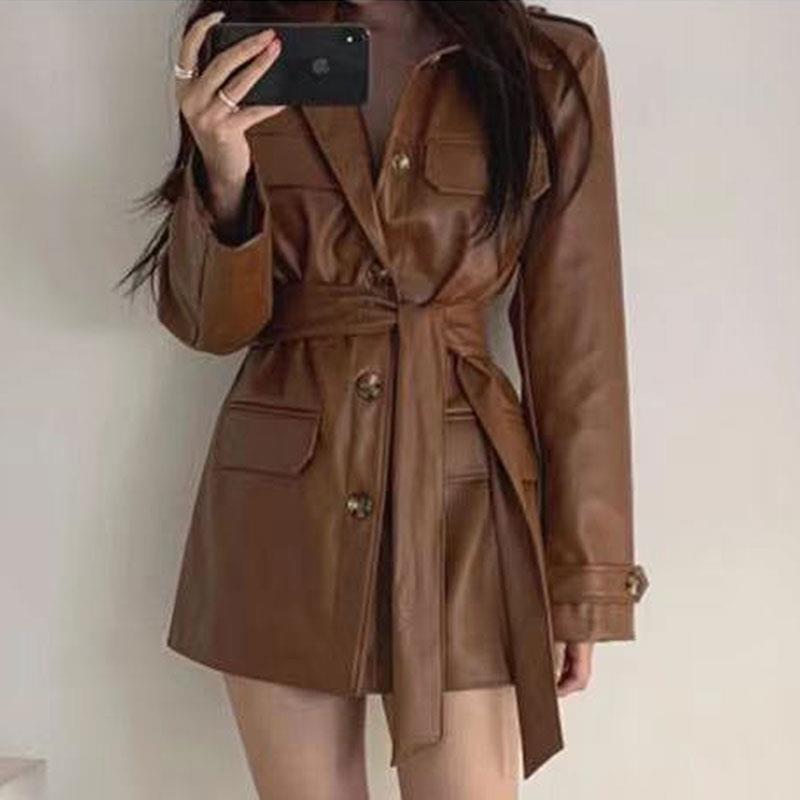 Slish Retro Deep Brown PU Leather Jacket Belted Mid-Length Biker Coat Women's Fashionable Outerwear Autumn Winter Coat