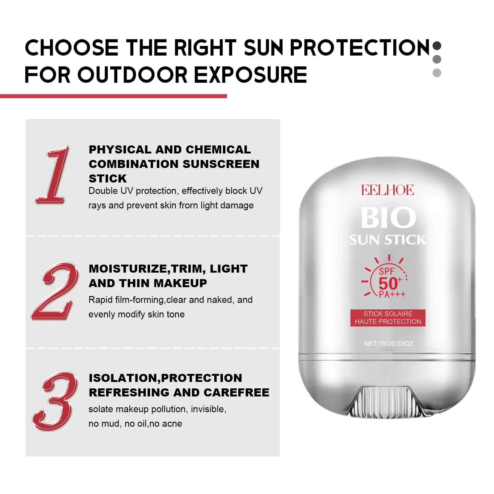顔の日焼け止めスティック Spf 50+ 日焼け止めスティックさわやかなオイルコントロール日焼け止め美白保護クリームフェイスケア 15 グラム