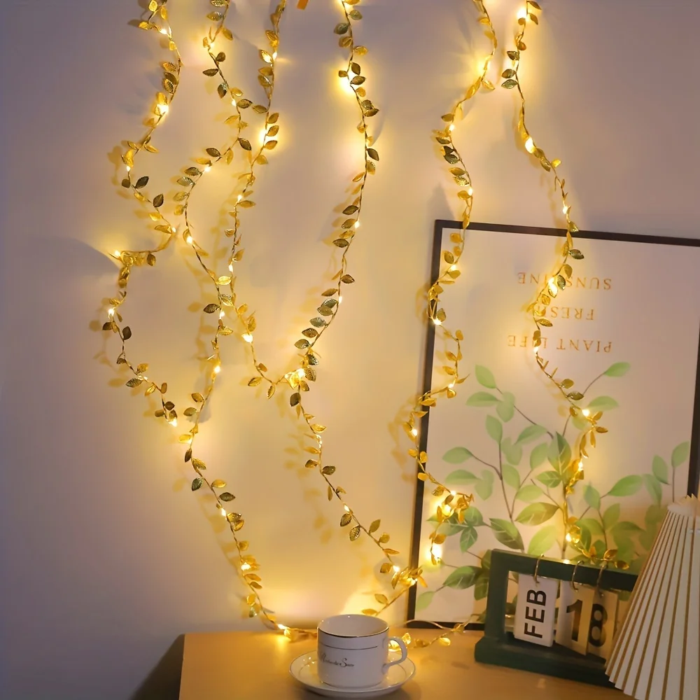 Clearance_1PC 2M 20LED hojas pequeñas doradas luz de hadas batería alimentada Led alambre de cobre luces de cadena para boda fiesta en casa DIY Xm