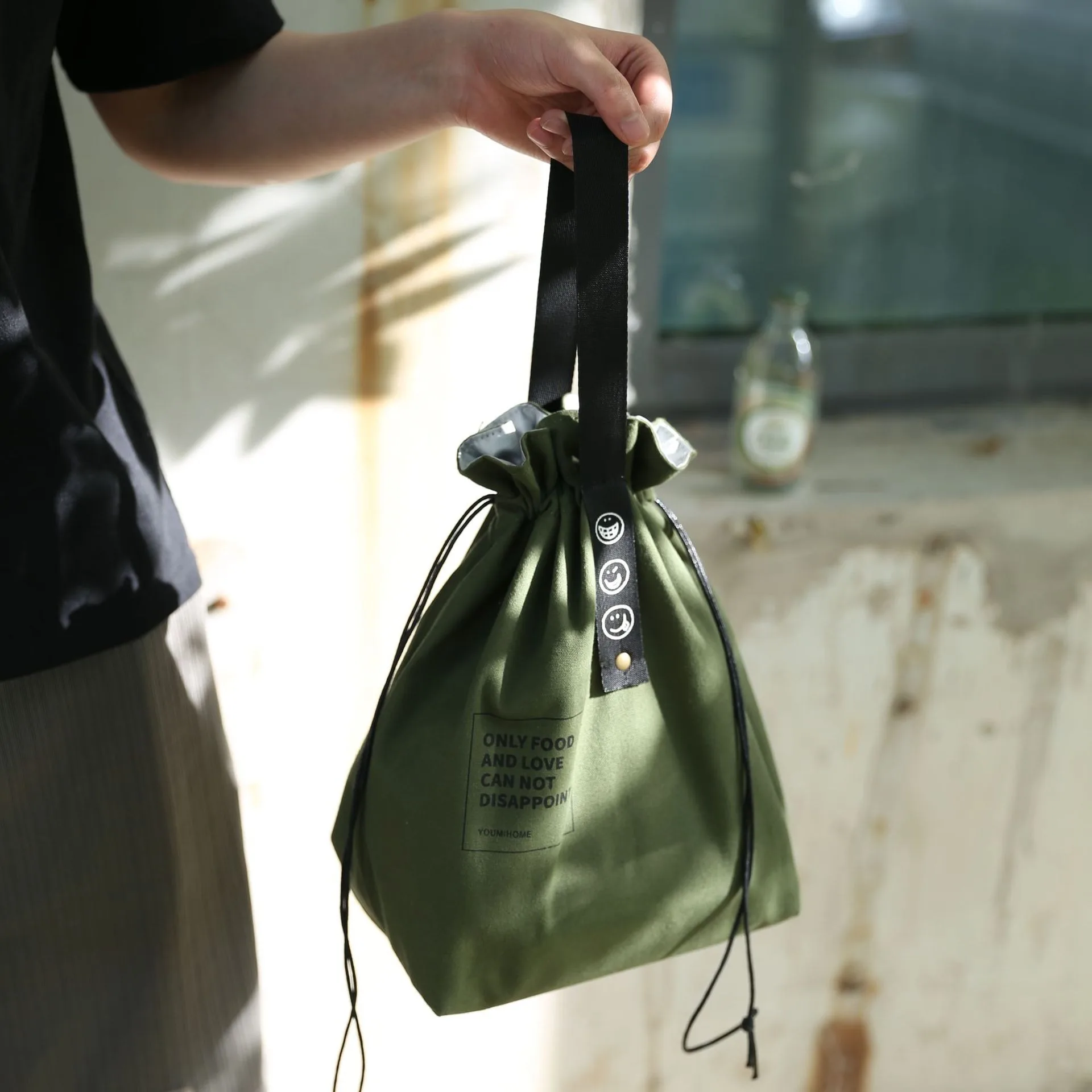 Drawstring 클로저 접이식 도시락 가방 쿨러 토트 백 작업 학교 피크닉 캠핑을위한 휴대용 절연 캔버스 점심 가방