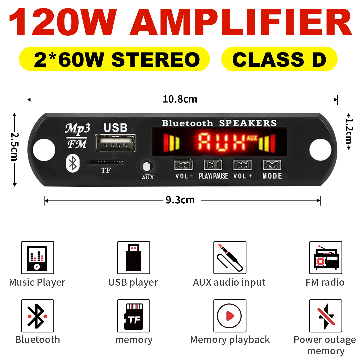 AMPLIFICADOR 60W 50W Bluetooth 5,0 DIY MP3 WAV placa decodificadora DC 12V inalámbrico USB para coche reproductor de MP3 ranura para tarjeta TF USB FM con micrófono