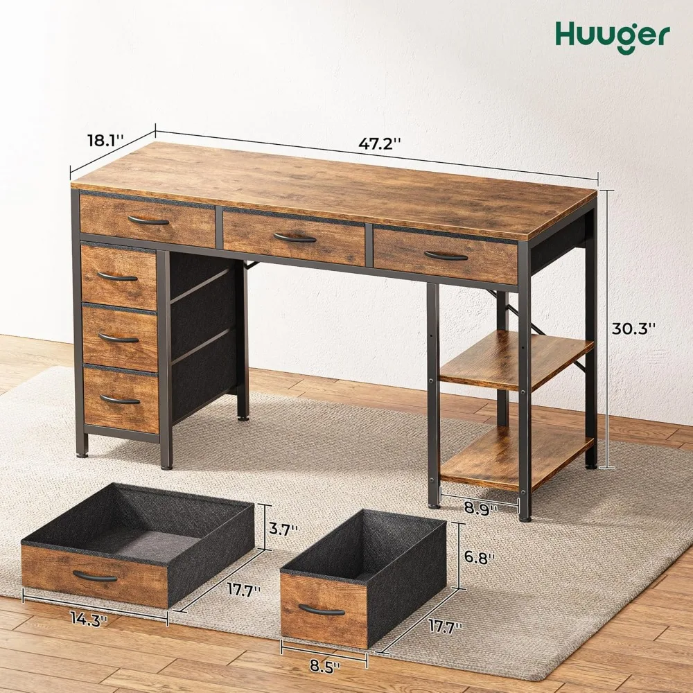 Computer Desk with 6 Drawers, 47 Inch Office Desk with Shelves, Computers Desks