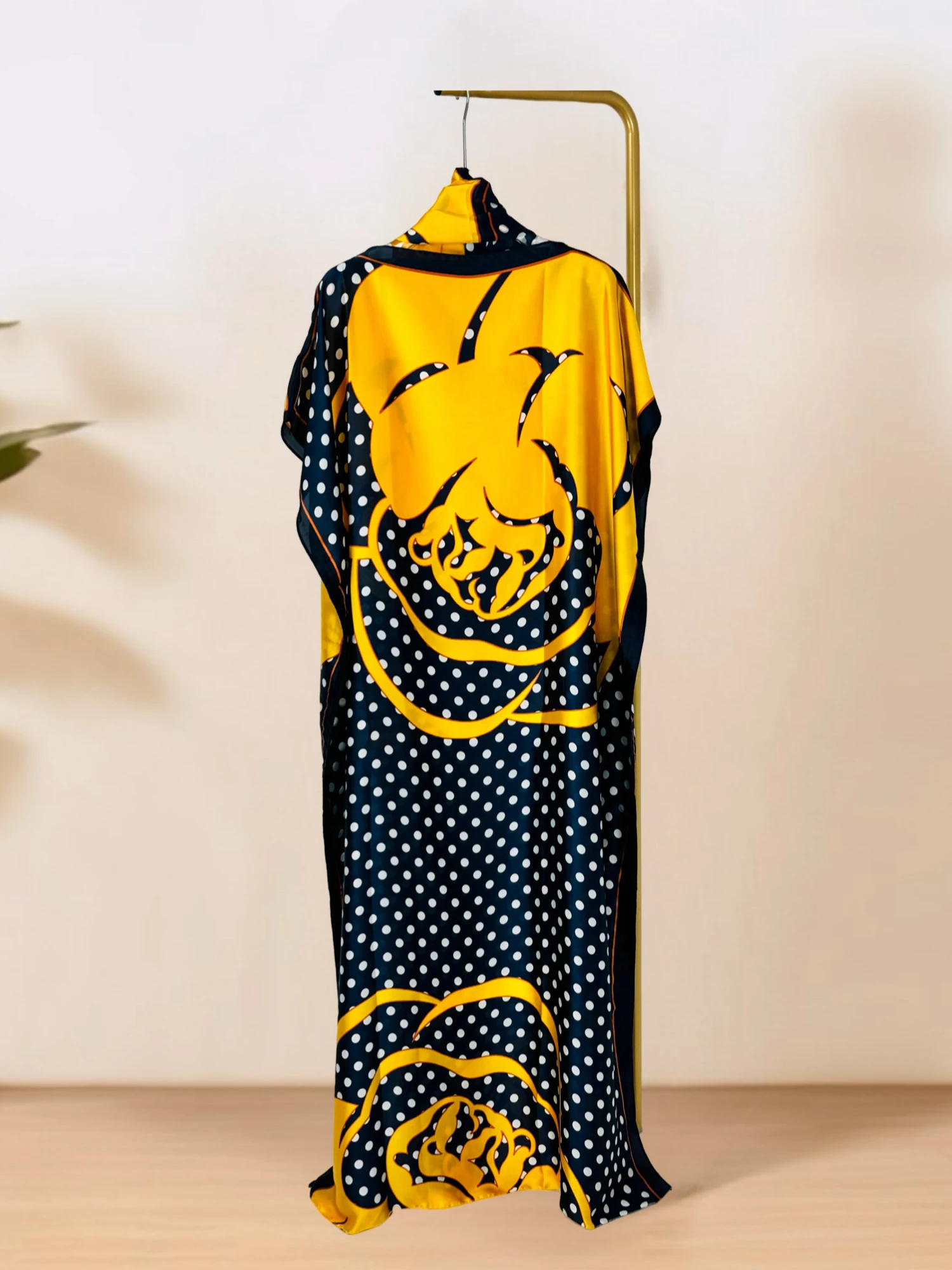 Vestido kaftan com gola redonda, vestido elegante com manga morcego e lenço, roupas femininas