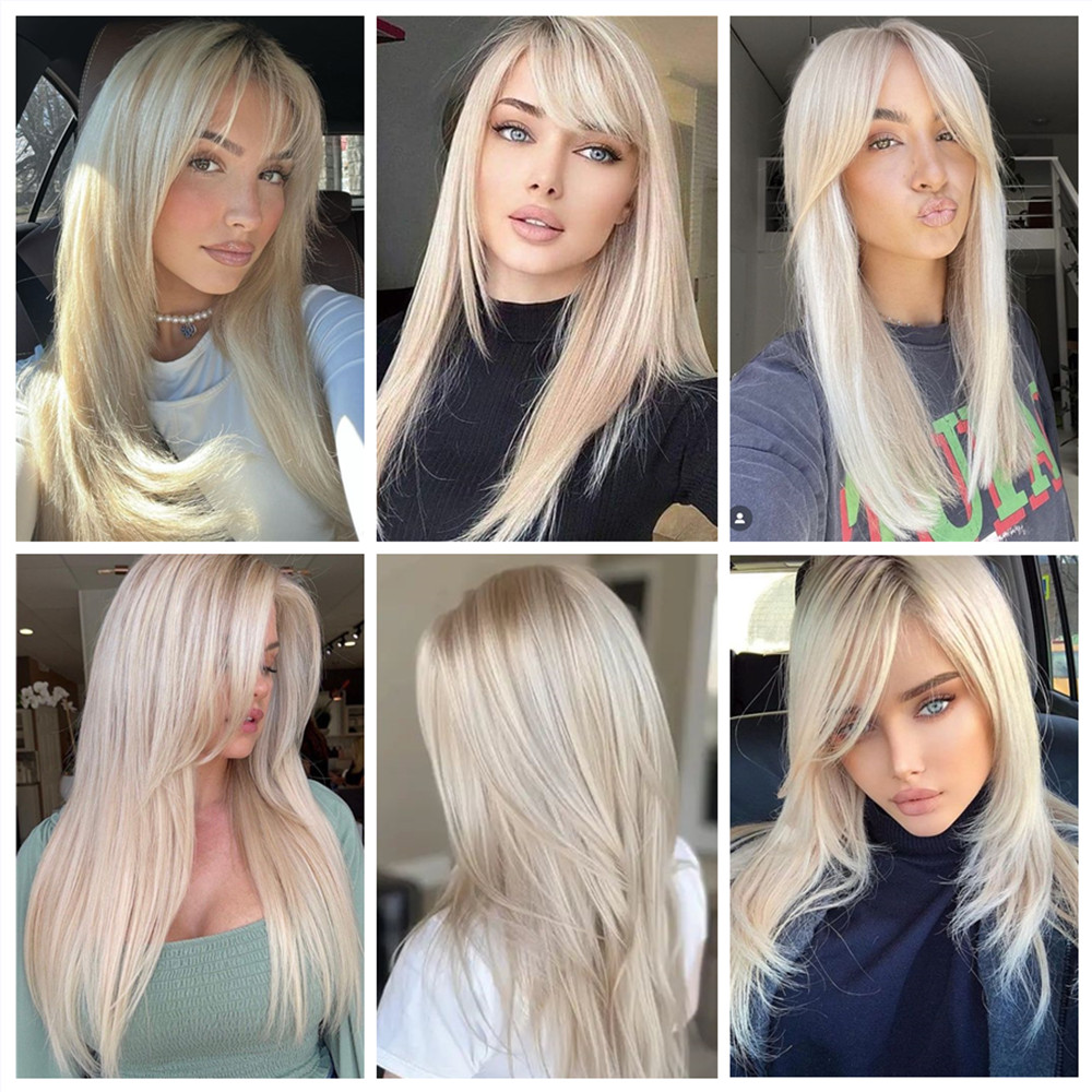 ALAN EATON สีบลอนด์ Layered วิกผมสังเคราะห์กับ Bangs วิกผมยาวตรงสําหรับหญิงสาวนุ่มธรรมชาติทุกวันผมวิกผมทนความร้อน