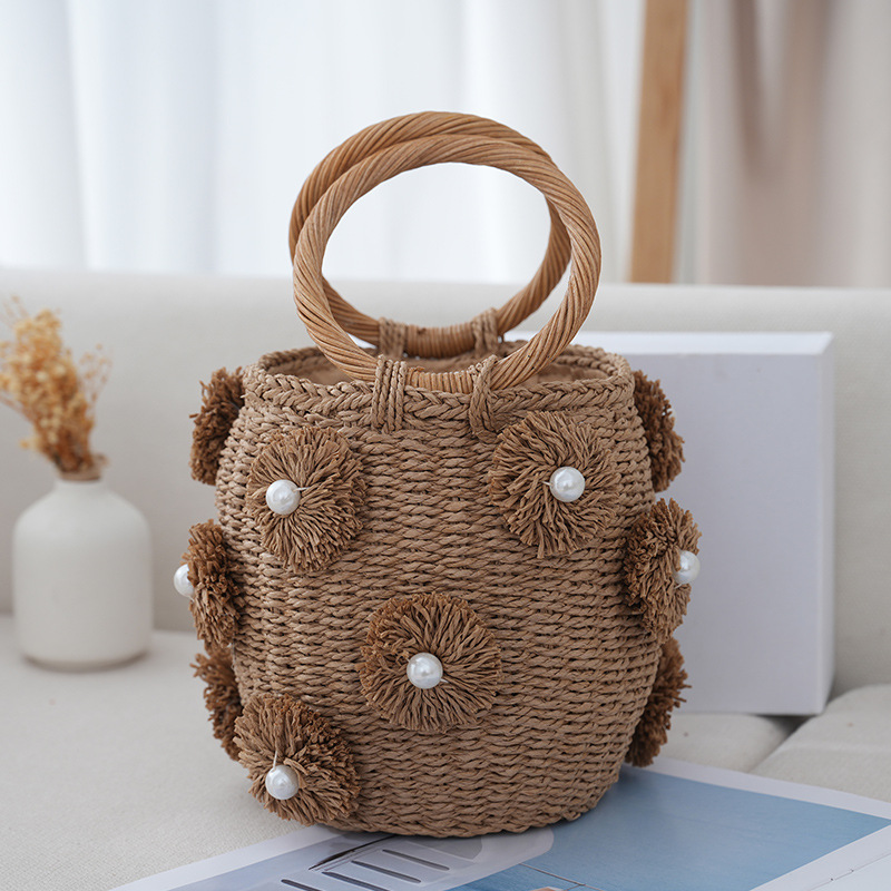 2025 artesanal strass cristal embelezado pequeno balde de palha saco senhora bolsa de viagem bolsa elegante para mulher
