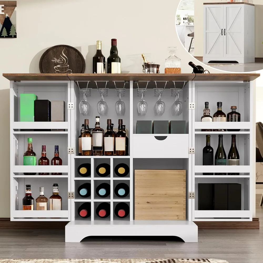 61" Farmhouse Bar Cabinet with 9 Wine Racks, Folding Storage Wine Liquor Cabinet, Expandable Coffee Bar Station with Drawer