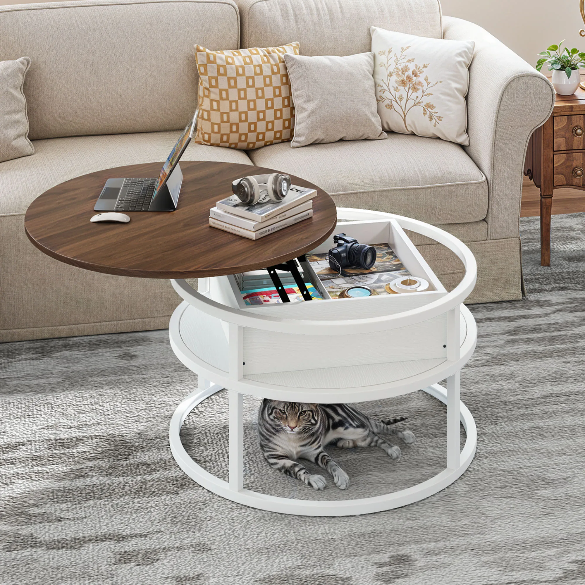 YITAHOME runder Couchtisch mit Hubplatte, Couchtische für Wohnzimmer mit verstecktem Ablagefach
