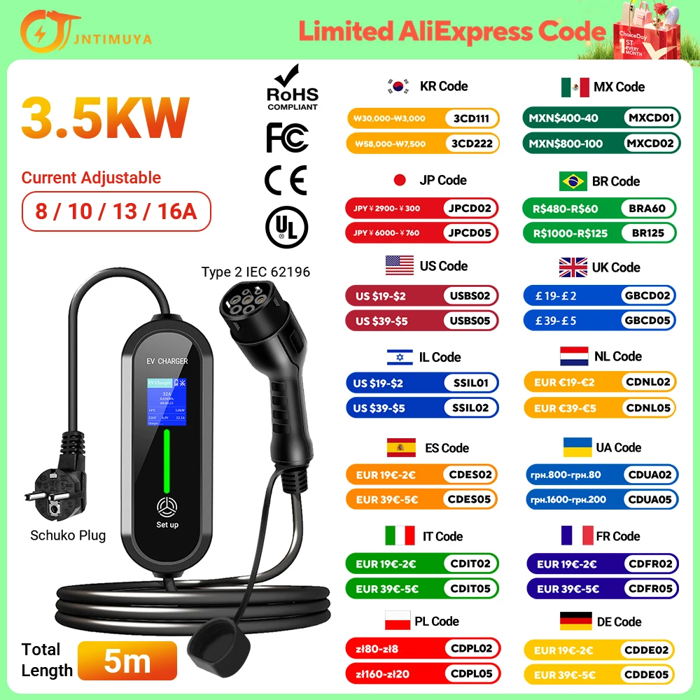 Cargador portátil JNTIMUYA EV Type2 GBT conector 16A 1 fase 3.5KW Type1 5m estación de carga Wallbox para vehículo eléctrico