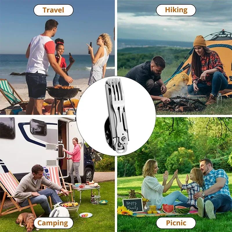 พับช้อนส้อม Multi-Function แบบพกพามีดช้อนส้อมที่เปิดขวดที่เปิด Camping อุปกรณ์สําหรับปิกนิก